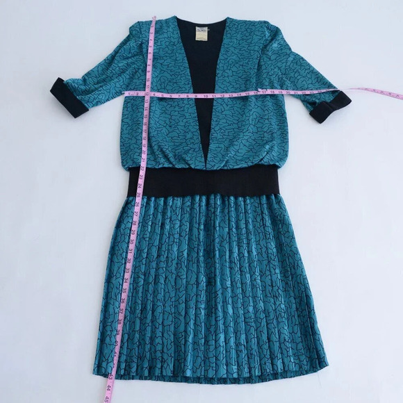 Vintage 90'S Nu-Mode Petites Teal Pleated Drop Waist Midi Dress Size 9/10 - Picture 2 of 12